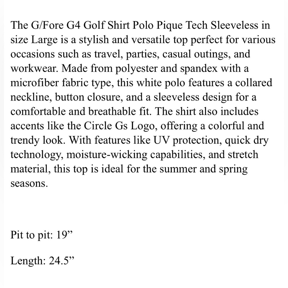 G/FORE Womens Golf Shirt Polo Pique Tech Sleeveless Large White Polyester - Picture 5 of 5